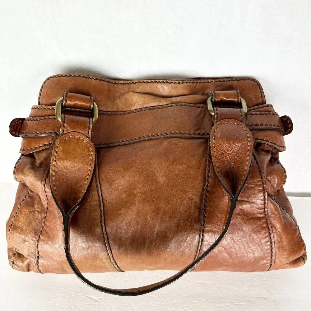 Fossil Fifty Four Vintage Leather Satchel Bag Purse Cognac Brown Y2K Key Charm